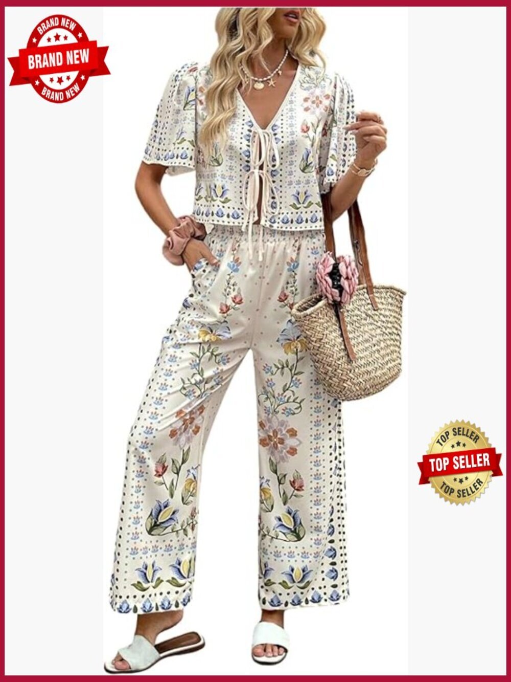 Boho Floral 2 Piece Palazzo Pants Set Short Sleeve Tie Front Blouse Wide Leg